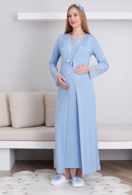 Resim Hamile Kısa Kol Gecelik & Sabahlık Takım / Dantel ve Düğmeli Hamile Giyim - 2291 - Mavi / XL / Terlik ve Taç İstiyorum + 200₺ 