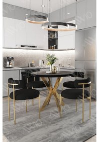 Resim Avvio Viola Mat Gold Ayak 4'lü Teddy Sandalye 90x90 Masa Sandalye Takımı Sandalye Bukle Kumaş Siyah Mermer 