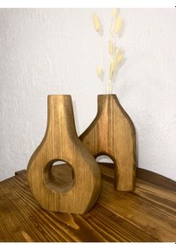 Resim O&a Wood Doğal Ahşap Dekoratif Ikili Takım Biblo Vazo Koyu Meşe 