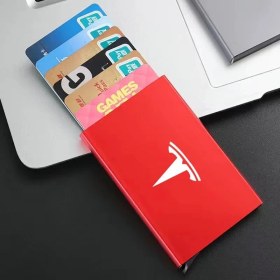 Resim Cdwishbest Kırmızı Akıllı Cüzdan Ince Kimlik Kartı Rfıd Kasası Otomatik Olarak Metal Anahtar Kart Sahibi Banka Kredi Kasası Tesla Model 3 Model Y Model x Model S (Yurt Dışından) 