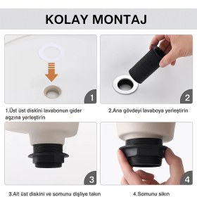 Resim Siyah Pop-Up Lavabo Sifonu – Porselen Başlıklı, Taşmalı Lavabolarla Uyumlu, Kolay Kurulumlu 