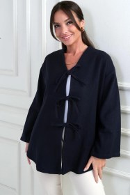 Resim Kadın Önü Bağcıklı 3 İplik Kaşe Hırka-41949 Lacivert 