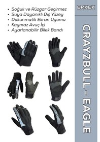 Resim Crazybull Eagle Gri Su Ve Rüzgar Geçirmez Kışlık Erkek Motosiklet Eldiveni + Buff 
