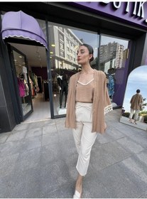 Resim Kol Detaylı Salaş Keten Kimono - Kahverengi-102 Sarı 