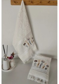 Resim 2'li Nakışlı Jakarlı Kadife El Yüz Havlusu Çiçek İşlemeli- %100 Pamuk - Krem Krem Krem 