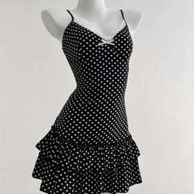 Resim Kadınların Siyah Polka Dot Askısız Mini Elbisesi, Kurdele Detayı ile - Günlük ve Tatil Kıyafetleri için Mükemmel, Kolsuz, Volanlı Etek, Bahar/Yaz Rahat Kesim, Günlük Kıyafetler|Volanlı Etek Elbisesi|Askısız Tasarım, Elbise 