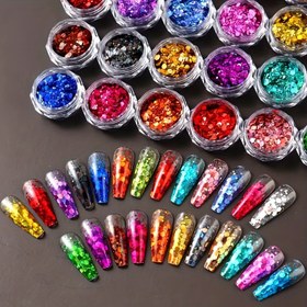 Resim 24 şişe tırnak sanatı dekorasyon pulları, simli pullar seti, altıgen sanat pulları, bukalemun pulları, holografik simli dekorasyon pulları, günlük parti etkinlikleri, tatil süslemeleri, doğum günü/düğün/noel/cadılar bayramı/yeni yıl için mükemmel 