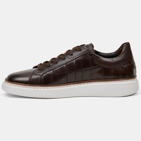 Resim Desa Erkek Kahve Bağcıklı Kroko Baskılı Deri Sneaker 