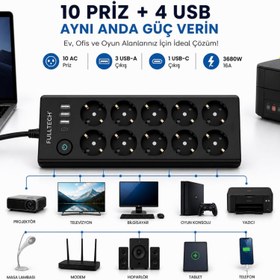 Resim 10 Lu Akım Korumalı Çoklu Priz 3 USB-A 1 USB-C Girişli Anahtarlı 3680W 16A Aç Kapa Tuşlu 2 Metre Kablolu Priz 