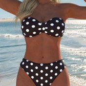 Resim 2025SS Yaz Trendi Kadın İki Parçalı Bikini Takımı, Puantiyeli Desenli Strapless Bandeau Üst, Tatil ve Plaj İçin Hızlı Kuruyan Mayo Kumaşı 