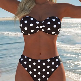 Resim 2025SS Yaz Trendi Kadın İki Parçalı Bikini Takımı, Puantiyeli Desenli Strapless Bandeau Üst, Tatil ve Plaj İçin Hızlı Kuruyan Mayo Kumaşı 