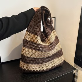 Resim 1 adet Şık Kadın Dantel Çantası - Büyük Kapasiteli El Örgülü Çizgili Omuz Plaj Çantası, Kapanmayan, Polyester Astarlı, Siyah veya Kahverengi, Tatil Stili, Tatil Aksesuarı | Rahat Aksesuar | Geniş İç Mekan 
