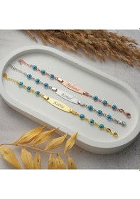 Resim Queen Silver Jewelry 925 Ayar Gümüş Mavi Göz Boncuklu Çocuk Künye İsim Yazılı Altın 