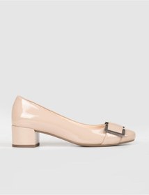 Resim Cabani Hakiki Deri Jurdan Taban Bej Kadın Kalın Topuklu Ayakkabı 