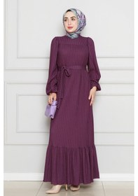 Resim Sevitli Robalı Sahra Tesettür Elbise-mürdüm-4592 Mürdüm 