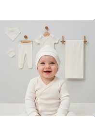 Resim Milays 0-3 Ay Bebeklere %100 Pamuk Çıtçıtlı Body Li Havlulu 7 Parçalı Zıbın Takımı ekru 