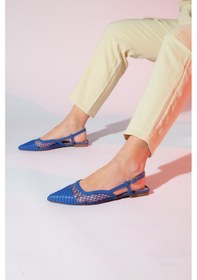 Resim Luvishoes Brace Kot Mavi Cilt Fileli Burnu Kapalı Kadın Düz Sandalet Mavi 