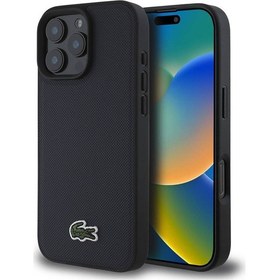 Resim İphone Uyumlu 16 Pro Max Kılıf Lacoste Lisanslı Pu Pike Desen İkonik Timsah Dokuma Logolu Lacivert 