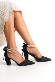 Resim FOLLOWIN Kadın Bride Siyah Saten İncili Kalın Topuklu Nikah Düğün Gelin Ayakkabısı 