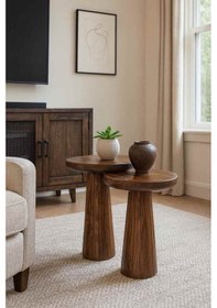 Resim Masif Doğal Ahşap Yan Sehpa 2 Li Zigon Seti Ceviz Renk Ceviz 