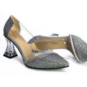 Resim Büşra Sultan Ayakkabı & Çanta Kadın Antrasit Simli Şeffaf Topuklu Ayakkabı 