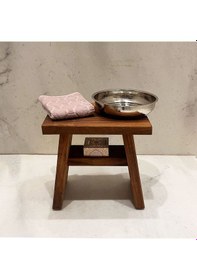 Resim Shark Anatolia İroko Ahşap Banyo Taburesi Oturak Ve Beyaz Bakır Hamam Tası Seti Çok Renkli 