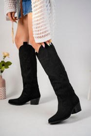 Resim Favi Ayakkabı Siyah Süet Burnu Ve Yanları Nakış Işlemeli Kovboy Tarzı Çizme 