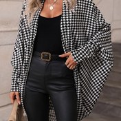 Resim Kadınlar İçin Şık Houndstooth Desenli Batwing Kollu Kazak - Siyah Beyaz Desenli, Orta Esneklikte Açık Ön Yaka, Makinede Yıkanabilir İlkbahar Yaz Sonbahar Katmanlama, Sevimli Süveter, Dekoratif Zincir Detaylı, Orta Esnek Kumaş 