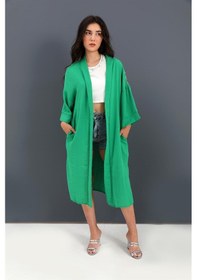 Resim Kimono Arkası Baskılı Püsküllü Keten - Yeşil Çok Renkli 