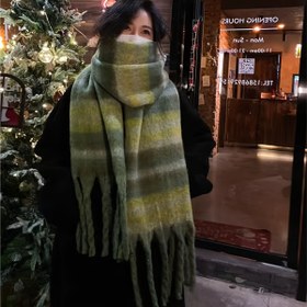 Resim Şık Vintage Çizgili Uzun Eşarp Püsküllü - Yeşil, Çiftler İçin Premium Akrilik Şal, Makinede Yıkanabilir, Esnemez, Günlük Kullanım İçin Mükemmel 