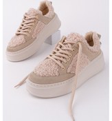 Resim Muggo Fleecy Kalın Taban Bağcıklı Peluş Detaylı Kadın Kışlık Sneaker Spor Ayakkabı Bej 