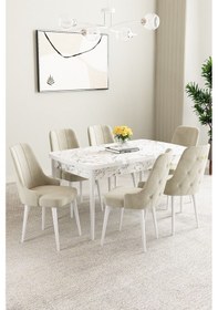 Resim Clara Beyaz Mermer Desen 80x132 Açılabilir Mdf Masa Yemek Odası Takımı,mutfak Takımı 6 Adet Sandalye Krem 