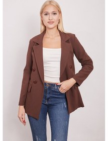 Resim Kadın Düğme Detaylı Uzun Kol Şık Ofis Süs Cep Kapaklı Kumaş Blazer Ceket-kahve Kahve 