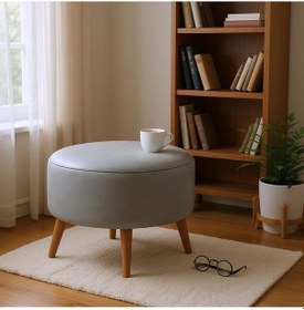Resim Azra Mobilya Gri Yuvarlak Deri Puf 60 Cm Çap, 46 Cm Yükseklik, Modern Ceviz Ayaklı Gri 