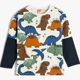 Resim Erkek Bebek Dinozorlu Sweatshirt Bisiklet Yaka Uzun Kollu Renk Bloklu Pamuklu 