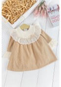 Resim Yakası Güpürlü Uzun Kollu Kadife Kız Bebek Elbise Bej 
