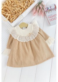 Resim Yakası Güpürlü Uzun Kollu Kadife Kız Bebek Elbise Bej 