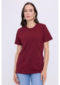 Resim Tudors Kadın Slim Fit Dar Kesim Pamuklu Yumuşak Doku Likralı Esnek Kumaş Basic Bordo Bisiklet Yaka Tişört-37834 Bordo 
