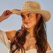 Resim 1 adet Şapka ile 1 adet Boyun Aksesuar Seti El- Hollow Western Cowboy Şapka ve Zarif Dekoratif Boyun Aksesuar Seti - Kadınlar için Katlanabilir Güneş Şapkası, Nefes Alabilen, Seyahat ve Sokak Modası için Panama Stili, Plaj Festivali Boho Hasır Şapka ile Çene Stra 