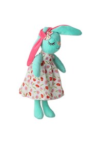 Resim İthal Kumaş Uzun Kulaklı Renkli Kıyafetli Sevimli Tavşan Peluş Oyuncak Uyku & Oyun Arkadaşı 30 Cm. Turkuaz 