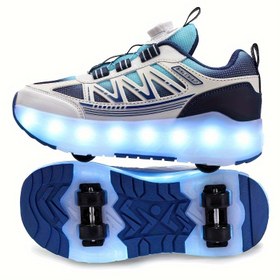 Resim LED ışıklarla gençlik paten ayakkabıları, dört tekerlekli ayrılabilir, sokak moda, trendli tarz, rastgele desen, tüm mevsimler, spor ve açık hava sahnesi, paten, döner tokalı kapanış, nefes alabilen ve ayarlanabilir parlaklık, üst, iç dokusu, TPR taban, kumaş tabanlık, 14 ve altı yaş 