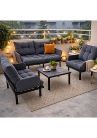 Resim Bahçe Takımı Balkon Ve Cafe Modüler Metal Koltuk Takımı 2+1+1 Sehpalı Füme 1636 Füme 
