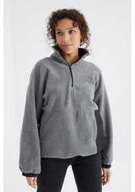 Resim Tommy Life Gri Melanj Yarım Fermuar Etek Ucu Büzgülü Dik Yaka Oversize Kadın Polar Sweatshirt - 97236 Gri Melanj 