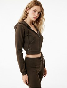Resim Koton Pamuklu Cepli Uzun Kollu Fermuarlı Kapüşonlu Crop Sweatshirt Kahverengi 6wak10025ek Kahve 