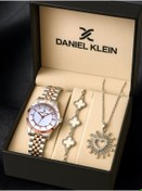 Resim Daniel Klein Premium Kadın Hediyelik Set – Rose Gold & Silver Saat, Clover Bileklik & Sunburst Kalp Kolye 