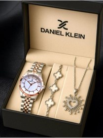 Resim Daniel Klein Premium Kadın Hediyelik Set – Rose Gold & Silver Saat, Clover Bileklik & Sunburst Kalp Kolye 