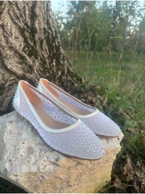 Resim LİNEER Kadın Sedef Kırık Beyaz Taşlı Cinderella Babet Abiye Gelin Ayakkabısı 