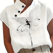 Resim Şık Kadınlar için Kısa Kollu Yılanbalığı Baskılı Bluz Eğik Düğme Detaylı - İlkbahar/Yaz için Beyaz Polyester Gömlek, Makinede Yıkanabilir, Ayakta Durabilen Yaka, Şeffaf Olmayan, Kontrast Tasarım, Günlük Şık Giysi | Yılanbalığı Baskılı Üst | Parlak Bitiş 