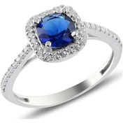 Resim Gümüş Rodyumlu Safir Taşlı Kare Yüzük 