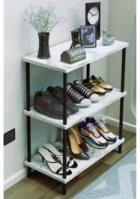 Resim 3 Katlı Ayakkabılık Raf - Çevir Tak Sistemli Kolay Kurulum Metal Gövde Ahşap Raflı Organizer Beyaz Mermer 